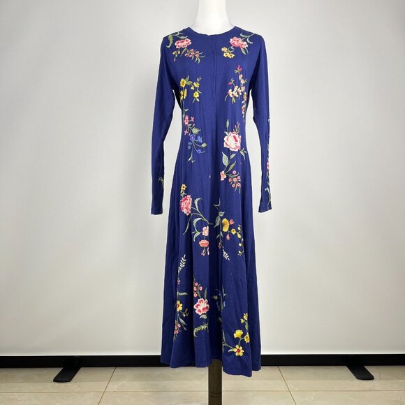NWOT JOHNNY WAS Floral Embroidered Cotton Long Sleeves Midi Dress Size S Blue - Picture 2 of 13